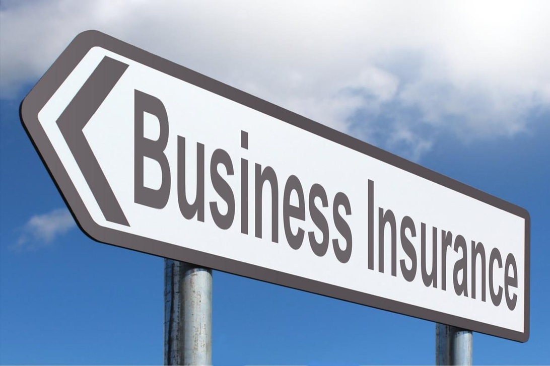 A white directional road sign with the text 'Business Insurance' against a blue sky with some clouds. The arrow-shaped sign points to the left, suggesting a direction toward business insurance services, which could include credit insurance among other business insurance types.